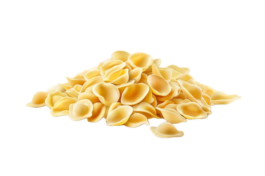 A pile of raw orecchiette pasta on white background