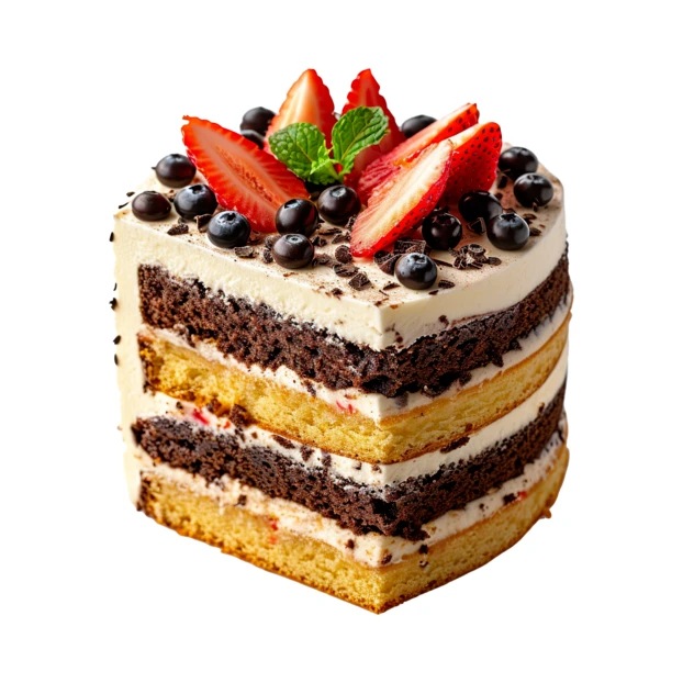 Layered heart-shaped cake with fresh strawberries and blueberries