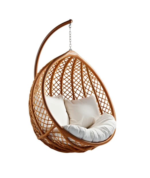 Modern hanging wicker egg chair with white cushions and stand