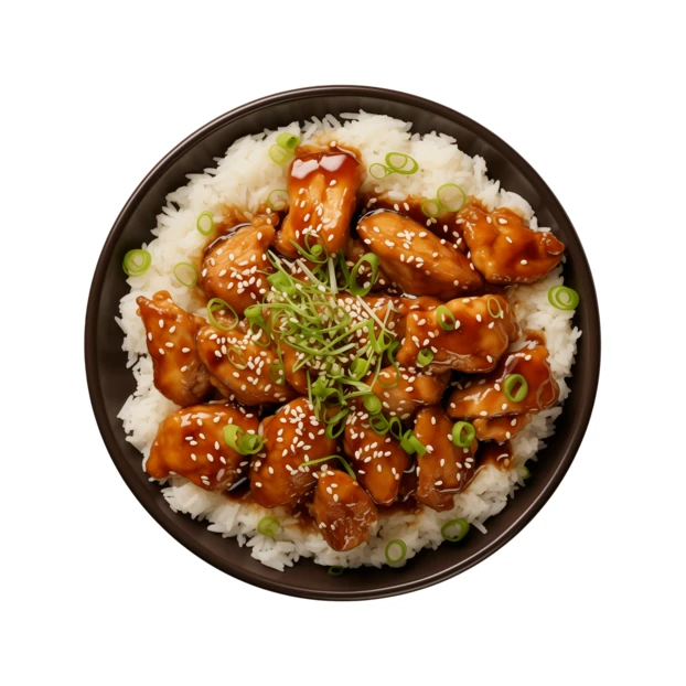 Asian style chicken and rice bowl isolated on white