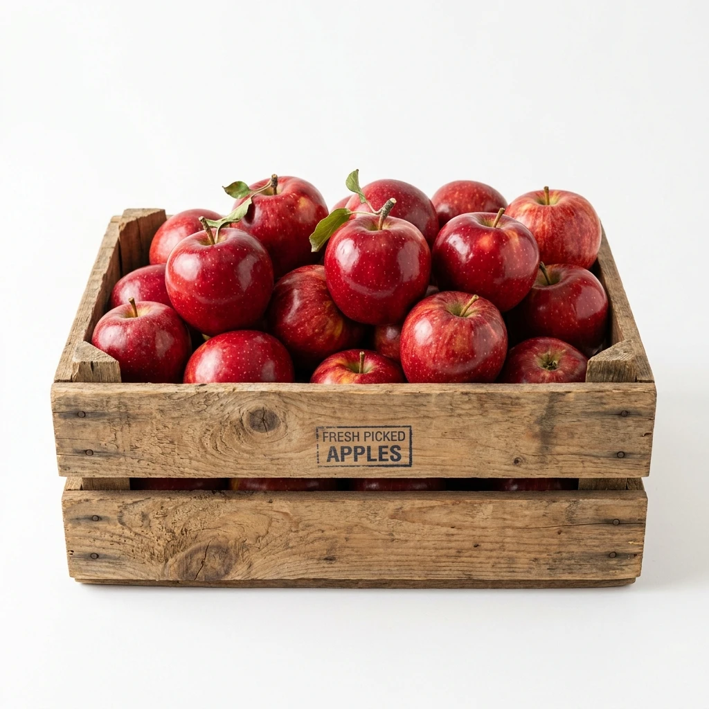 Freshly picked red apples in a rustic wooden crate
