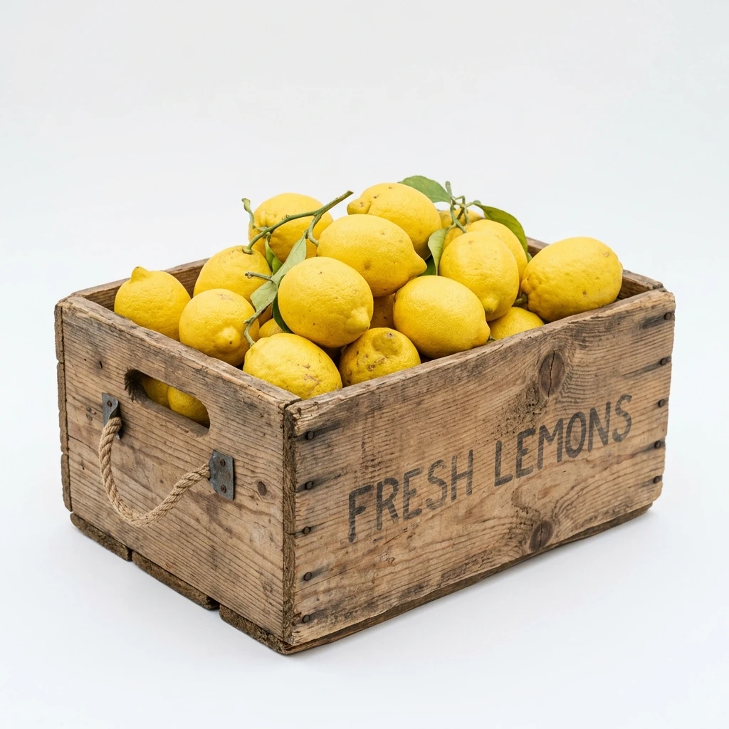 Fresh lemons in a vintage wooden crate on white background