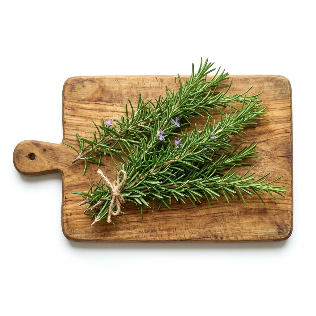 Fresh rosemary sprigs on a rustic wooden cutting board