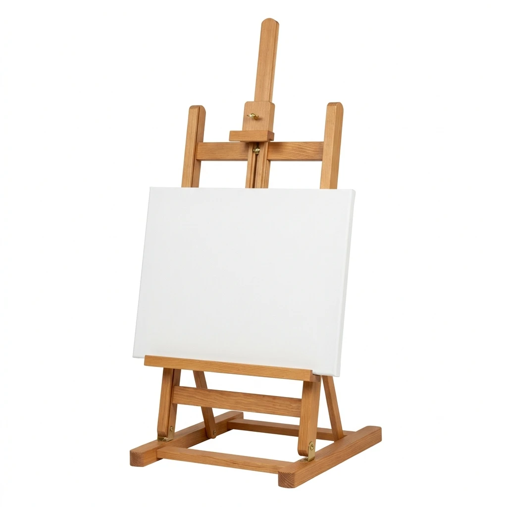 Wooden tabletop easel with blank white canvas isolated