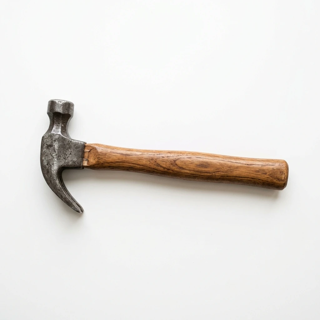 Vintage claw hammer with wooden handle on white background