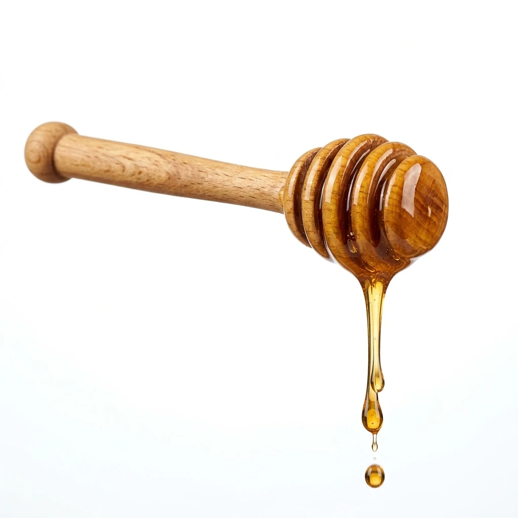 Honey dripping from a wooden honey dipper on white background