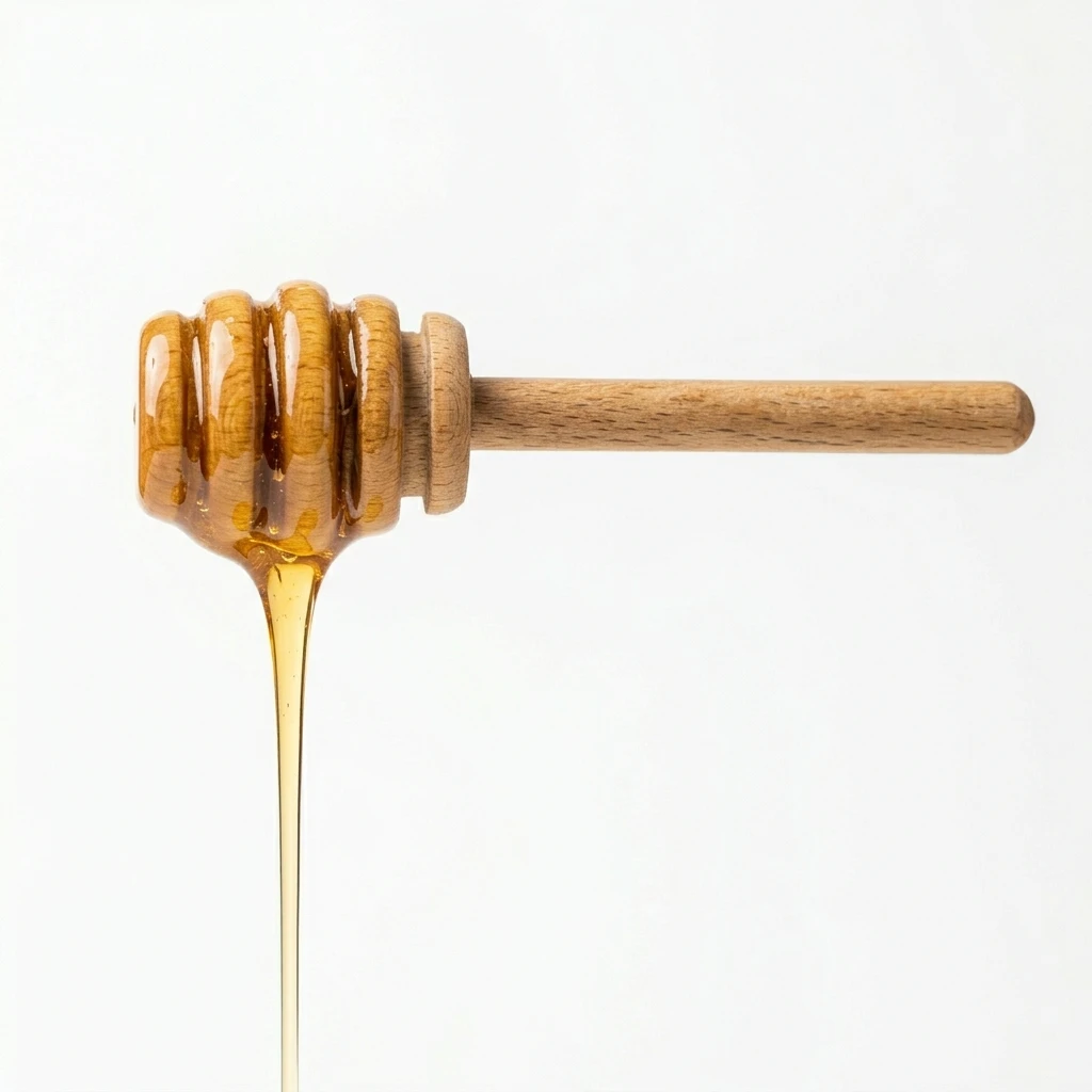Honey dripping from a wooden dipper on white background