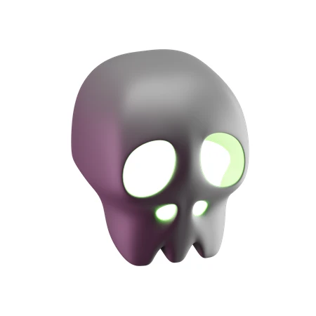3D stylized black skull with glowing green eyes