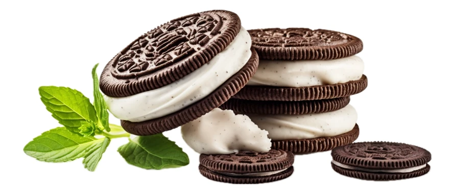 Chocolate sandwich cookies with cream filling and fresh mint