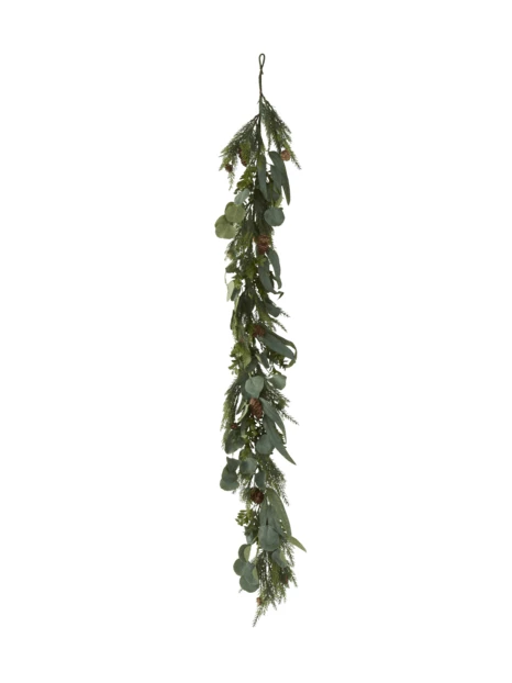 Artificial eucalyptus and pine evergreen garland on white background