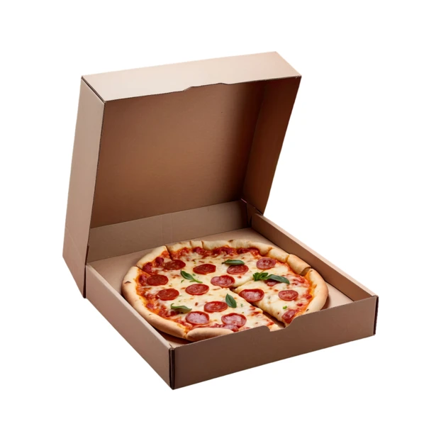 Pepperoni pizza in an open cardboard delivery box on white