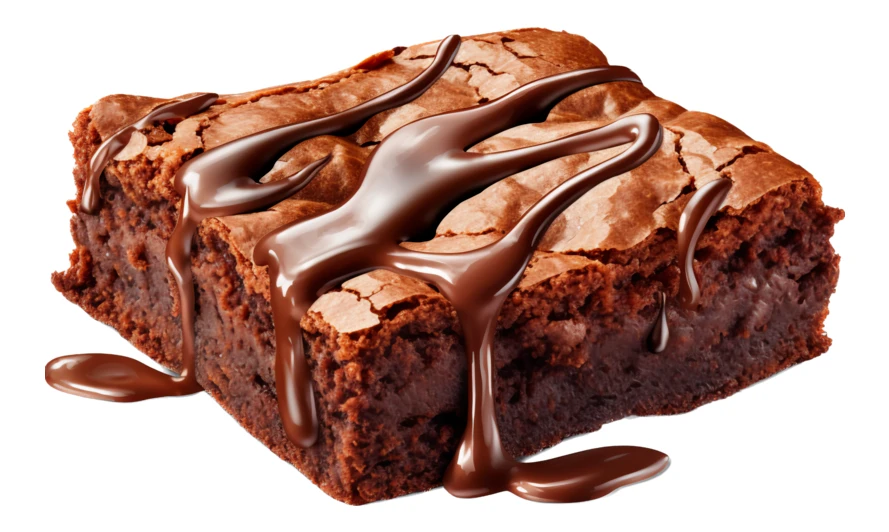 Chocolate brownie with chocolate syrup drizzle isolated on white