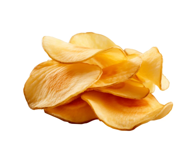 Crispy golden potato chips isolated on white background