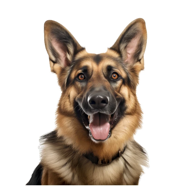 Happy German Shepherd dog headshot isolated on white background