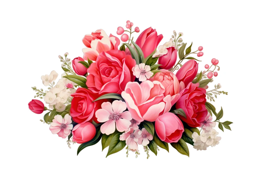 Vibrant floral arrangement of pink roses and tulips