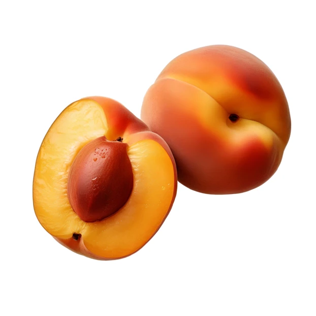 Whole peach and a half peach on white background