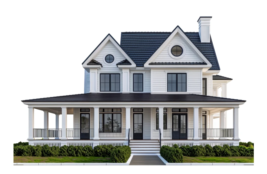 Modern white farmhouse exterior with large wrap-around porch
