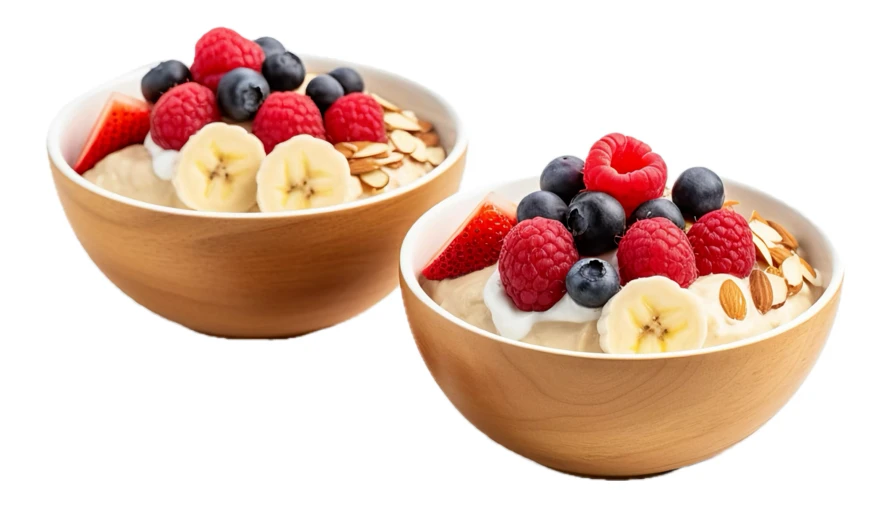 Two oatmeal bowls with fresh berries and banana slices