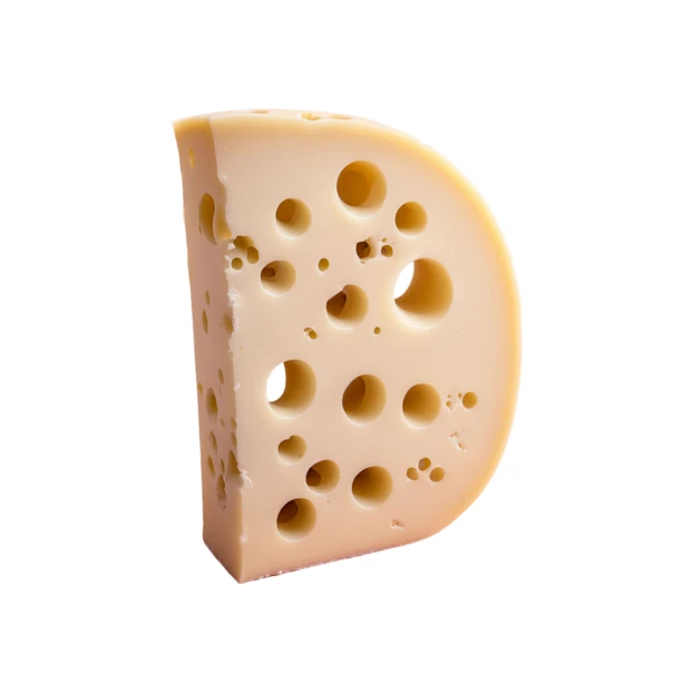 A wedge of Swiss cheese isolated on white background