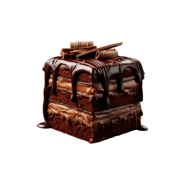 Decadent layered chocolate cake with dripping glaze on white background