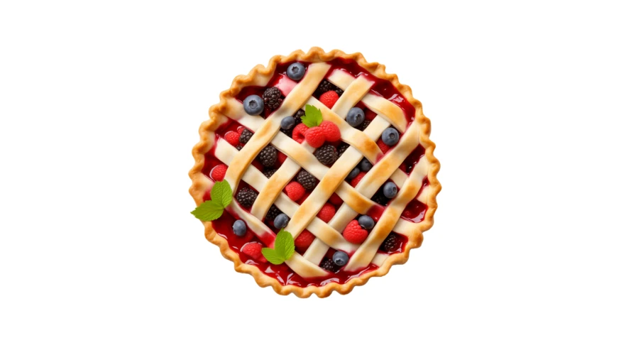Mixed berry pie with lattice crust on white background