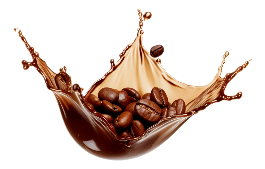 Roasted coffee beans with dynamic coffee splash on white background
