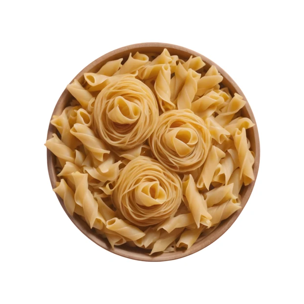 Top view of dry pasta assortment in wooden bowl
