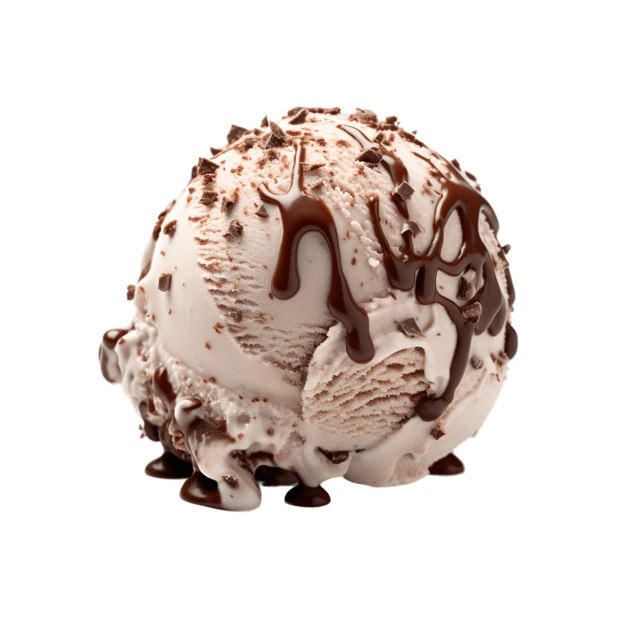 Scoop of chocolate chip ice cream with drizzle on white