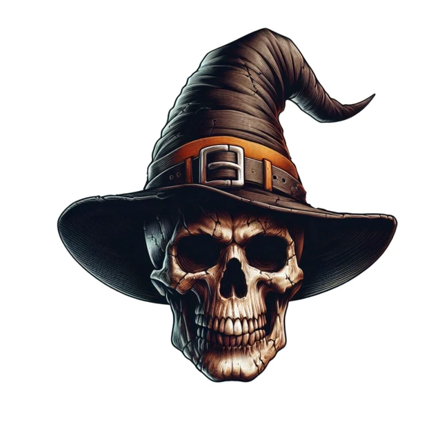 Spooky Halloween skull wearing a witch hat illustration