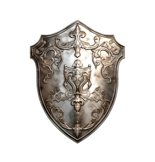 Ornate silver medieval shield isolated on white background