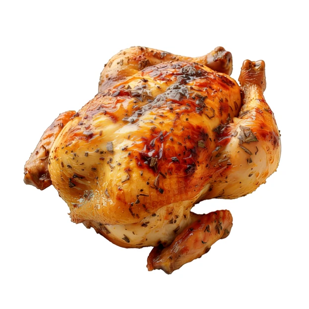 Whole roasted chicken with herbs isolated on white background