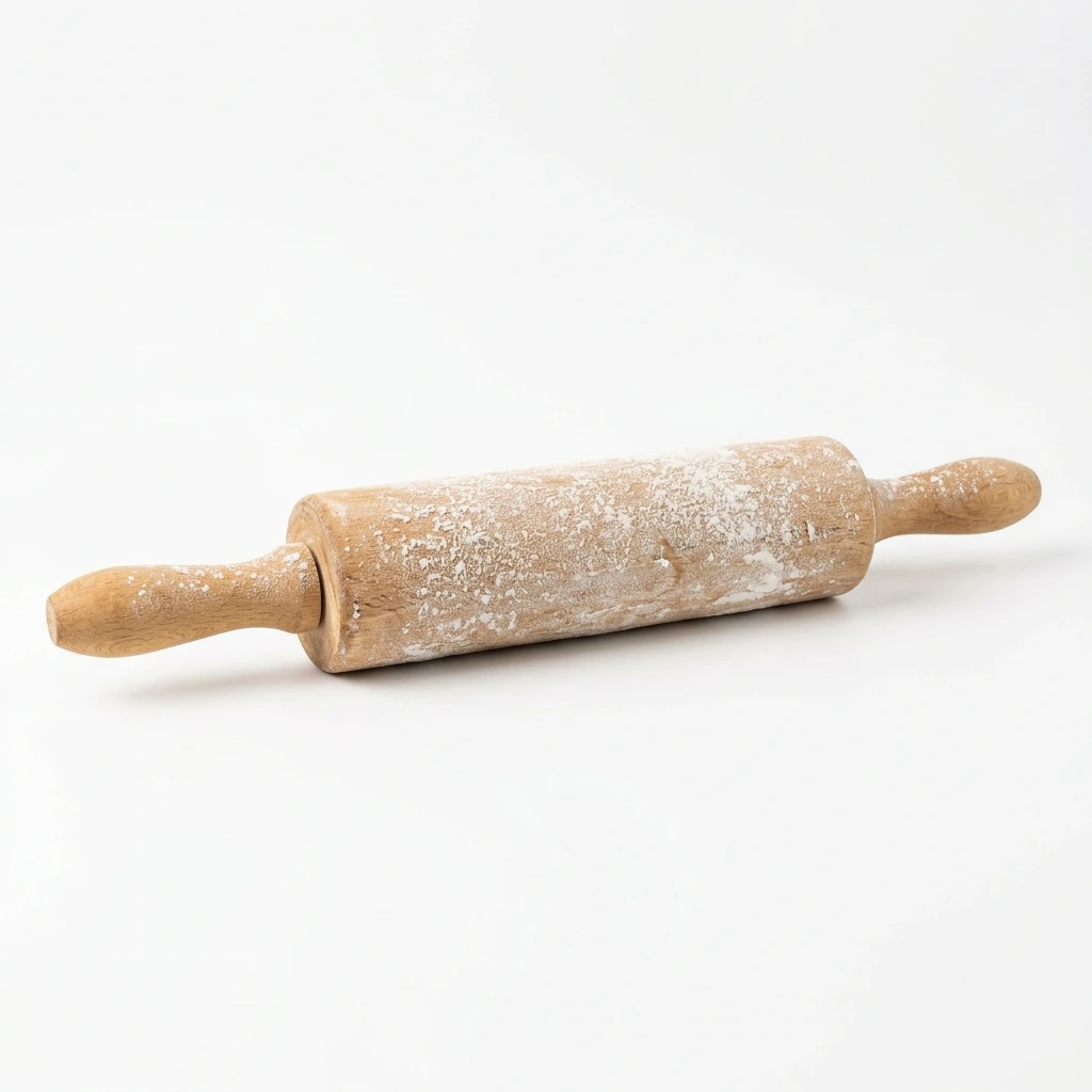 Wooden rolling pin covered with flour on white background