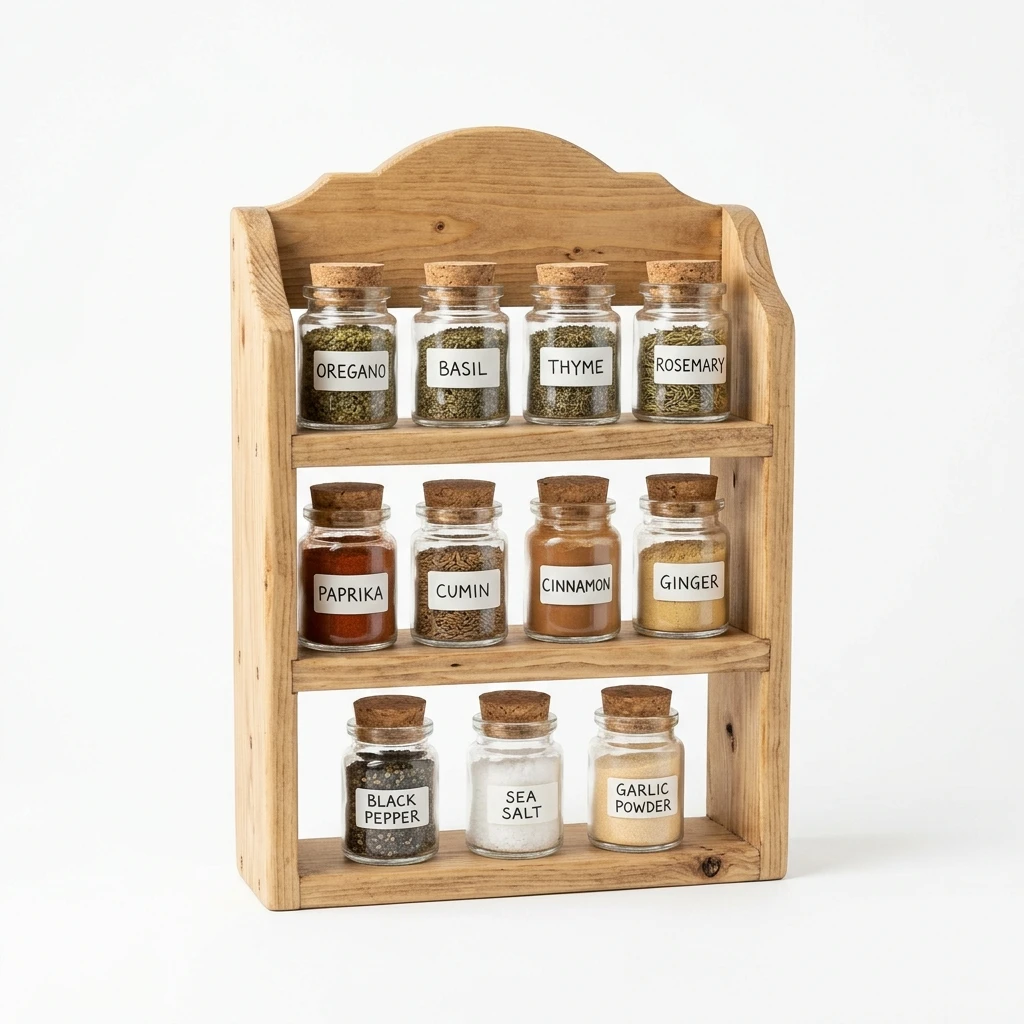 Wooden spice rack with labeled glass jars on white background