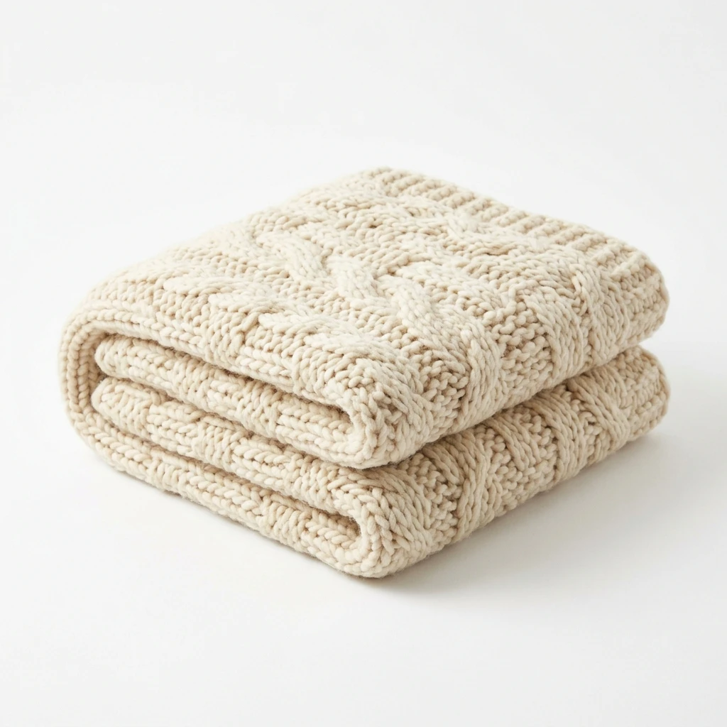 Cream cable knit blanket folded on white background