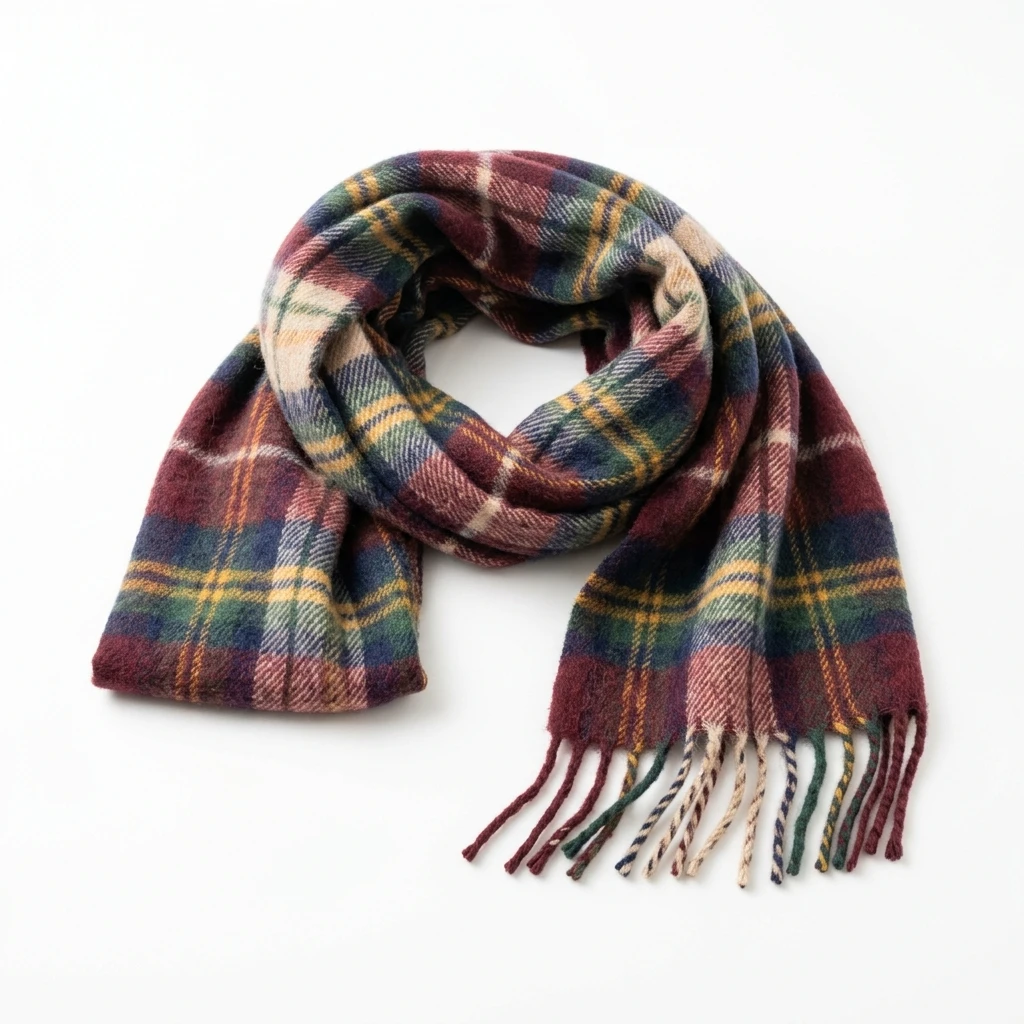 Colorful plaid wool scarf with fringes on white background