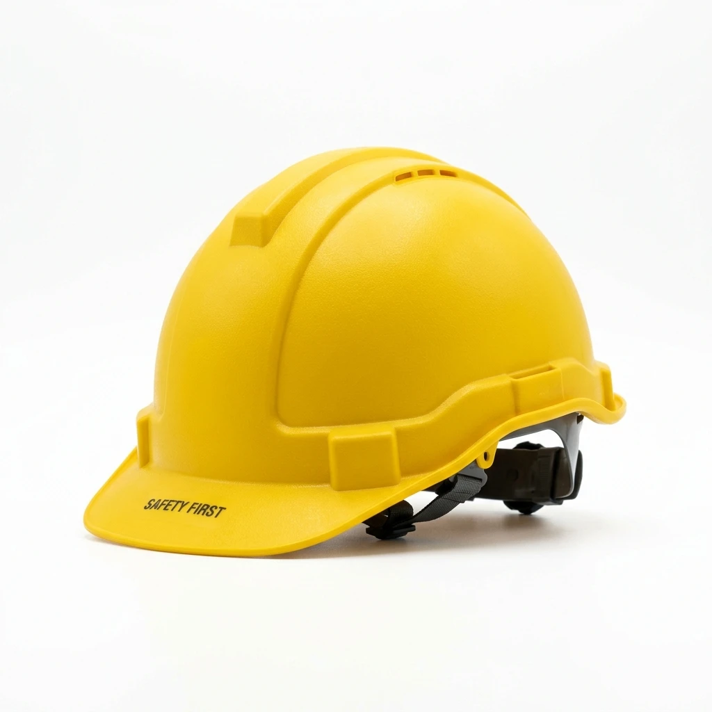 Yellow industrial safety helmet with Safety First text