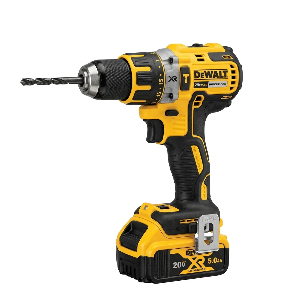 Cordless yellow hammer drill with battery on white background