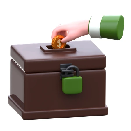 3D hand putting gold coin into a locked donation box