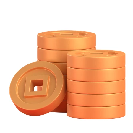 3D illustration of stacked gold Chinese coins isolated on white