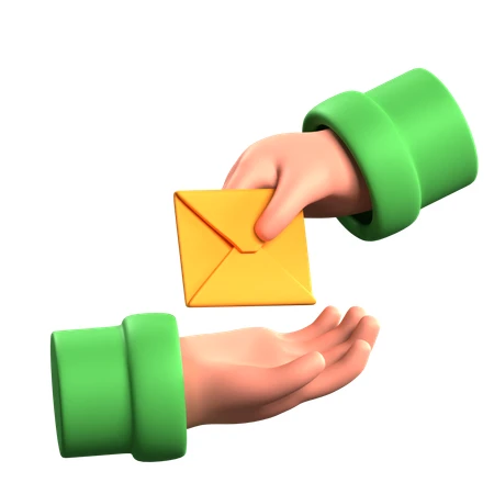 3D illustration of cartoon hands passing a yellow envelope