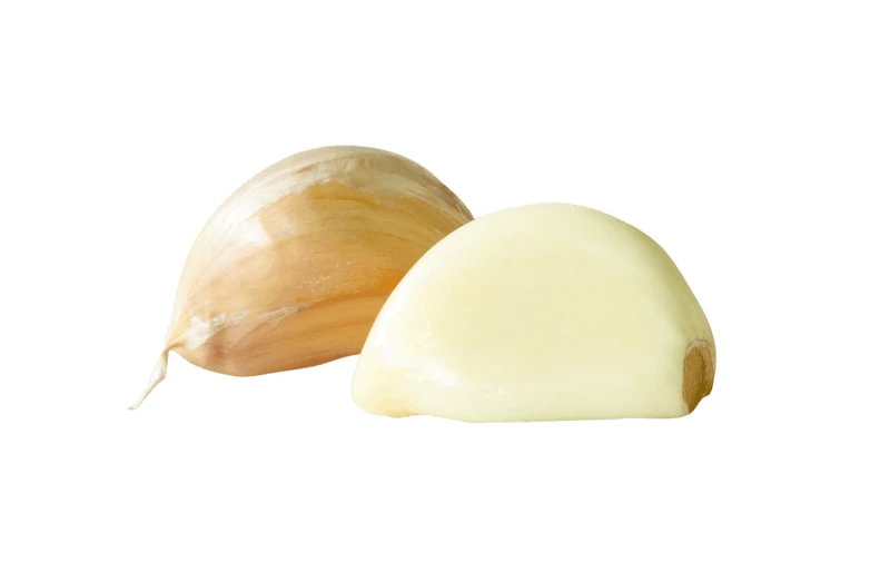 Two garlic cloves, one peeled and one unpeeled