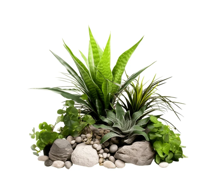 Artificial green plant arrangement with decorative stones
