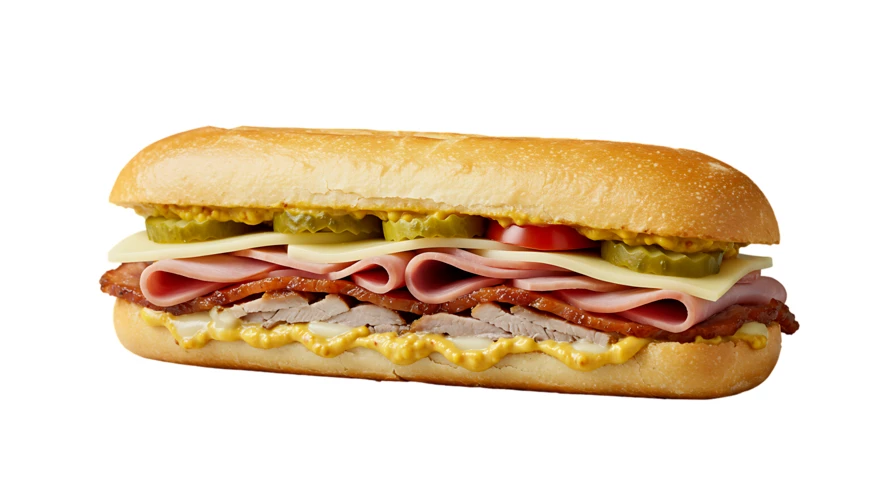 Submarine sandwich with ham cheese and pickles on white background