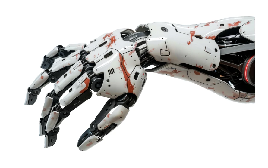 White robotic hand with blood splatters isolated on white