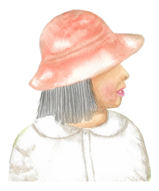 Watercolor illustration of a young girl wearing a pink hat