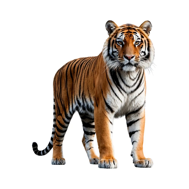 Majestic tiger standing isolated on white background