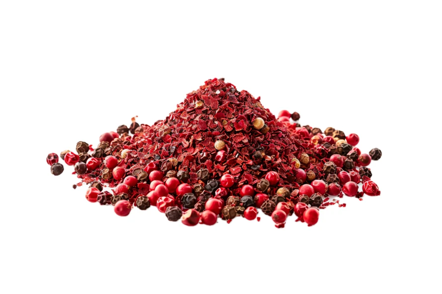 Pile of mixed whole peppercorns and red pepper flakes