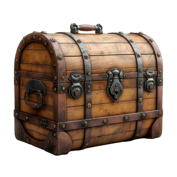 Antique wooden treasure chest with metal straps isolated on white
