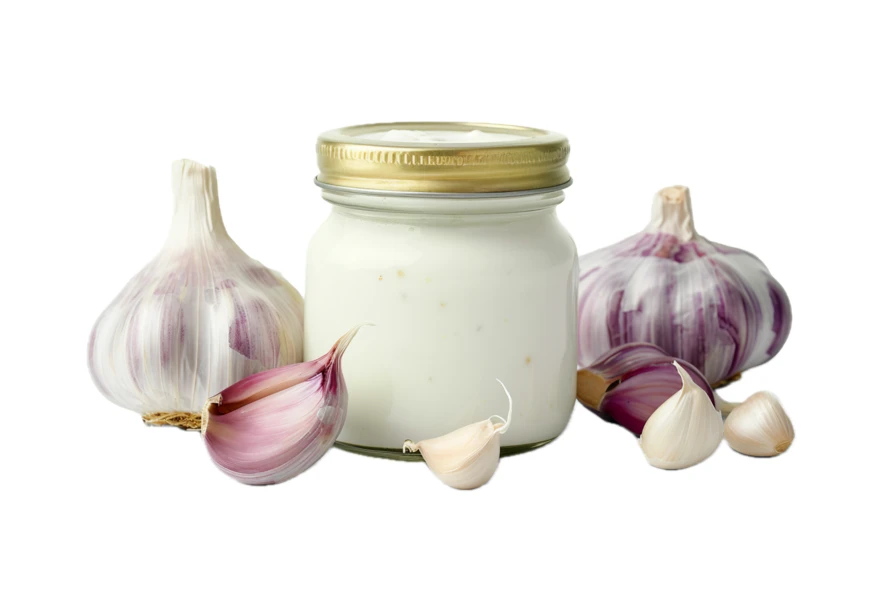 Jar of creamy garlic sauce with fresh garlic cloves