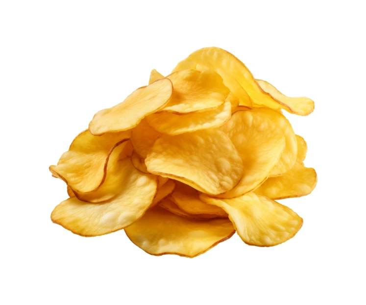 Crispy golden potato chips isolated on white background